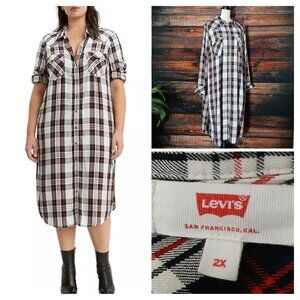 Levis Shirt Dress 2X Soft Viscose Flannel Plaid Snap Front Side Slits